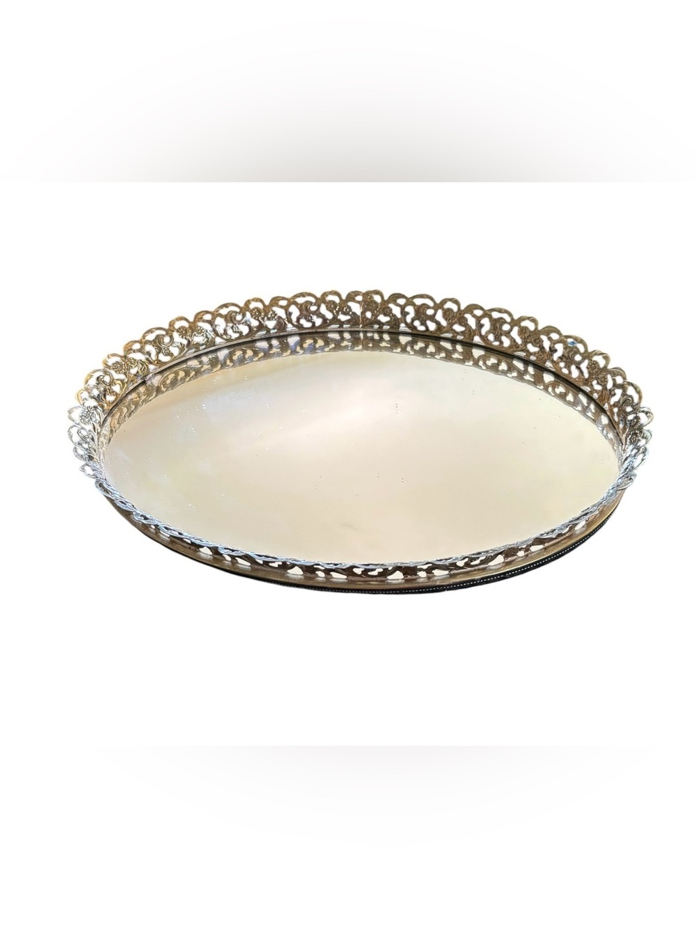 Vintage Filagree Oval Vanity Mirrored Tray Hollywood Regency Cottagecore Decor